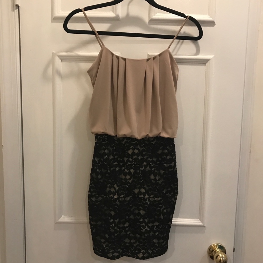 Party dress: Nude with black lace skirt